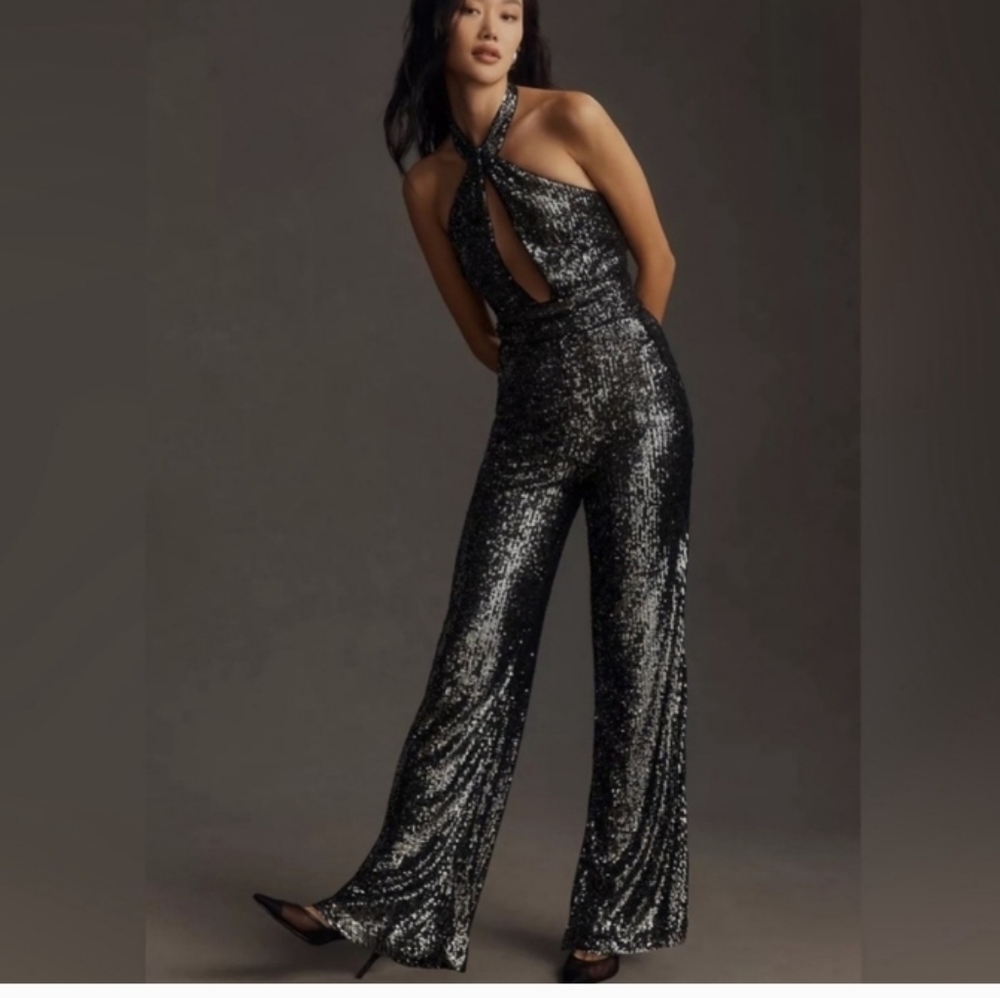 MaEVE  by ANTROPOLOGIE Sequins Halter neck Festive Jumpsuit